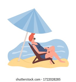 Woman in swimming suit sits in sunbed on the beach vector flat illustration.