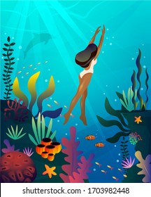 Mujer nadando bajo el agua en el océano entre peces tropicales y una silueta de delfín. Concepto del Día del Océano o de las agencias turísticas. Ilustración de vacaciones. 