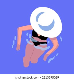 Woman swimming in water. Girl in bikini and beach hat standing in pool, relaxing on summer holiday. Overhead female character in swimwear inside sea aqua to waist. Flat vector illustration