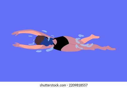 Mujer nadando en el agua. Niña en ropa de baño en la piscina. Vista superior de la nadadora de personajes femeninos flotando en el mar durante las vacaciones de verano. Relajación acuática saludable, ejercicio. Ilustración vectorial plana de color