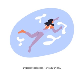 Woman swimming in water pool on summer vacation. Bathing in sea on holiday. Female swimmer tourist, leisure activity, recreation, relaxation. Flat vector illustration isolated on white background