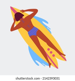 A woman swims on the surf. Vector illustration in cartoon style.