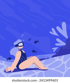 Woman swims underwater, enjoying the beauty of the ocean floor and fish.