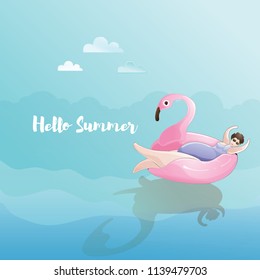 Woman in swimsuit bikini relaxing on a rubber ring in the sea, Summer vacation concepts. Vector illustration in pastels color tone Style - Shutterstock ID 1139479703