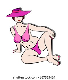 Woman in swimsuit  to burning on white background