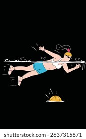 A woman in a swimsuit, cap, and goggles swims in a pool with a ball floating nearby, against a black background.

