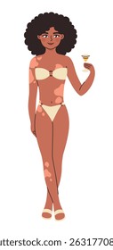Woman in swimsuit with cocktail in hand. Flat vector illustration.