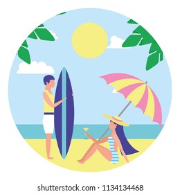 woman in swimsuit with cocktail and man with surfboard in beach