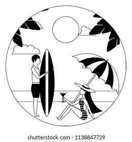 woman in swimsuit with cocktail and man with surfboard in beach