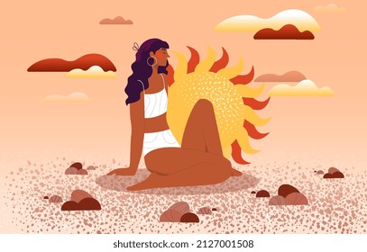 Woman in swimsuit embraces sun abstract concept. Beautiful young girl sunbathing. Metaphor of wellbeing, acceptance of your body and femininity. Trending poster. Cartoon flat vector illustration