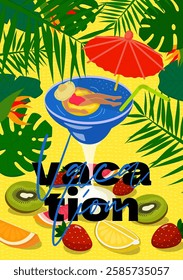 Woman in swimsuit enjoying martini by pool surrounded by tropical foliage and fresh fruit. Vibrant summer vibes with focus on relaxation and vacation fun. Ideal for summer party and travel themes. Eps