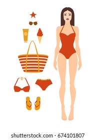 Woman in swimsuit. Female full body shape, front view. Set of beach accessories. Flat style. Cute vector illustration. Can be used for vacation poster, party invitation, background, ad, sale promotion