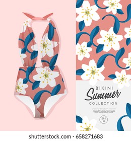 Woman Swimsuit with Flower Pattern : Vector Illustration