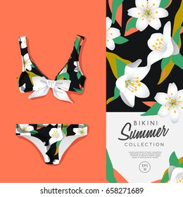 Woman Swimsuit with Flower Pattern : Vector Illustration