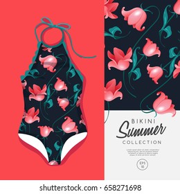 Woman Swimsuit with Flower Pattern : Vector Illustration