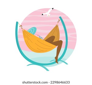 A woman in a swimsuit and a hat in nature lies in a hammock. A seagull is flying. Relaxation, summer vibes. Vector flat illustration