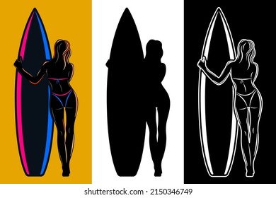 woman in swimsuit holding surfboard rear view isolated vector