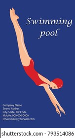 Woman in a swimsuit is jumping into the water - company requisition for advertising Swimming pool - blue background - vector art illustration. Banner- Water sport