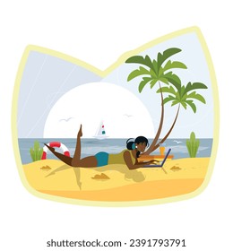 A woman in a swimsuit lays on a beach towel under a palm tree, using a laptop computer.