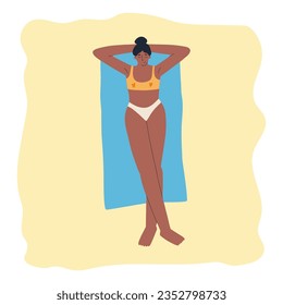 a woman in a swimsuit lies on the sand. rest, summer, sea. hand drawn vector illustration in flat style