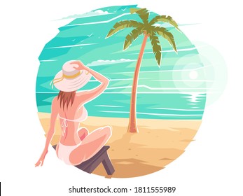 A woman in a swimsuit lights up sitting on a sun lounger on a sea or ocean beach. A beautiful girl drinks a cocktail under a palm tree. Summer or luxury vacation. Zakad under palm trees on the beach.