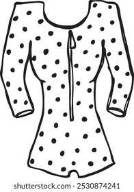 Woman swimsuit. Long sleeve one piece swimsuit with front zip and polka dots print. Hand drawn doodle ink style illustration. Black outline isolated on white. Single element for design, print, decor, 