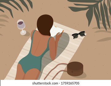 Woman in swimsuit lying on beach, reading book and sunbathing. Girl relaxing at seaside resort. rest during picnic on nature. Sand river bank. summer tourism, vacation. Modern vector illustration. 