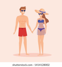 woman with swimsuit and man with bathing shorts and wearing sunglasses with hat