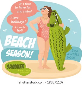 woman in a swimsuit on the beach with a crocodile
