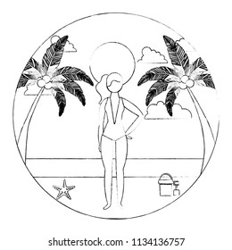 woman in swimsuit on beach with palm bucket shovel and starfish