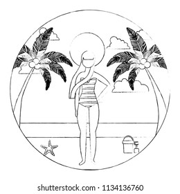 woman in swimsuit on beach with palm bucket shovel and starfish