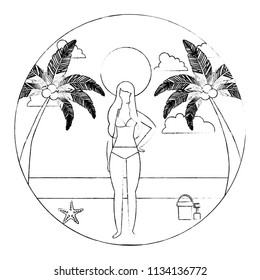 woman in swimsuit on beach with palm bucket shovel and starfish