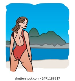 Woman in a swimsuit on the beach with the Rio de Janeiro Sugarloaf Mountain in the background.