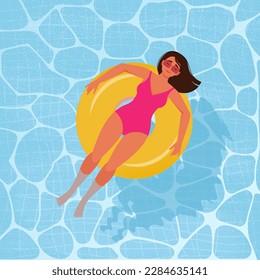 Woman in a swimsuit on an inflatable circle in the pool. Vector illustration in flat style