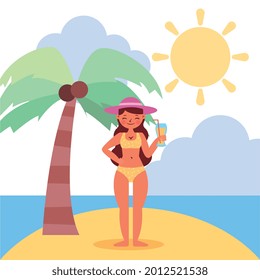 woman in swimsuit on island summer landscape. summer banner .vector illustration