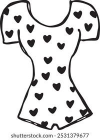 Woman swimsuit. One-piece swimsuit with short sleeves, decorated with hearts print. Doodle ink hand-drawn style, single element