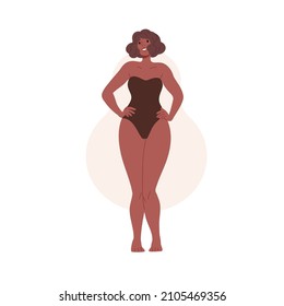 Woman In Swimsuit With Pear, Curvy Body Shape. Female In Swimwear With Wide Hips Figure Type. Happy African-American Model In Underwear. Flat Vector Illustration Isolated On White Background