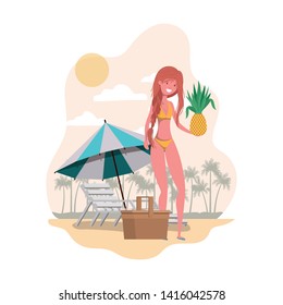 woman with swimsuit and pineapple in hand