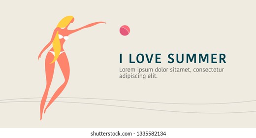 Woman in swimsuit playing ball at the beach vector illustration. Modern young people in summer time concept banner 