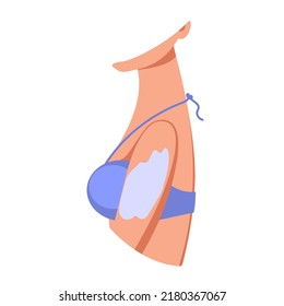 Woman in swimsuit putting spf gel. Fragment of female body with sunscreen lotion. Concept of cosmetics, beauty, health care. Vector flat illustration.