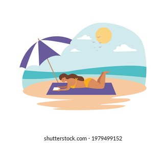 Woman in a swimsuit reading a book on the beach by the ocean. Summer time beach activity. Vector illustration cartoon flat style.