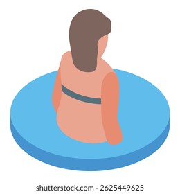 Woman with swimsuit relaxing in round blue swimming pool, enjoying summer vacation