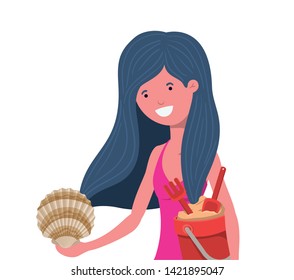 woman with swimsuit and sand bucket