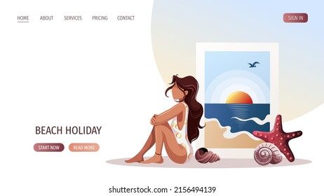 Woman in swimsuit and sea beach photography. Beach Holidays, Summer vacation, Leisure, Recreation concept. Vector Illustration.