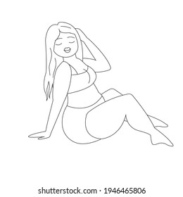 woman in a swimsuit. silhouette of a woman. outline of a beach woman. stock vector black and white illustration isolated on white background.