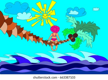 Woman in swimsuit sitting back on palm tree over the sea