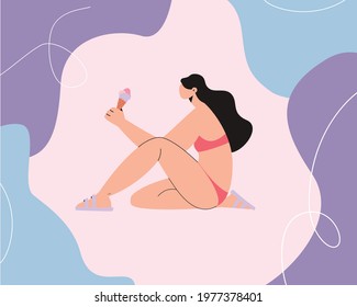 A woman in a swimsuit sitting and holding an ice cream on trendy abstract modern background. Bright summer vector illustration cartoon flat style