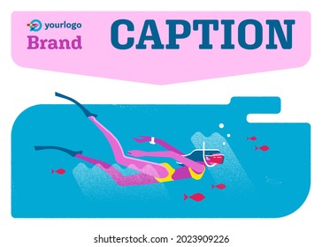 Woman in swimsuit snorkeling underwater with mask and snorkel, banner, web landing page title, space for text and logo