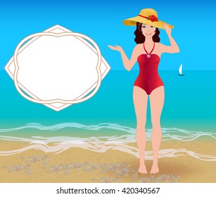 Woman in a swimsuit standing on a sea background. On the left is the frame.