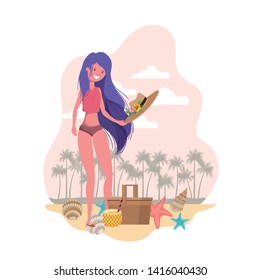 woman with swimsuit and straw picnic